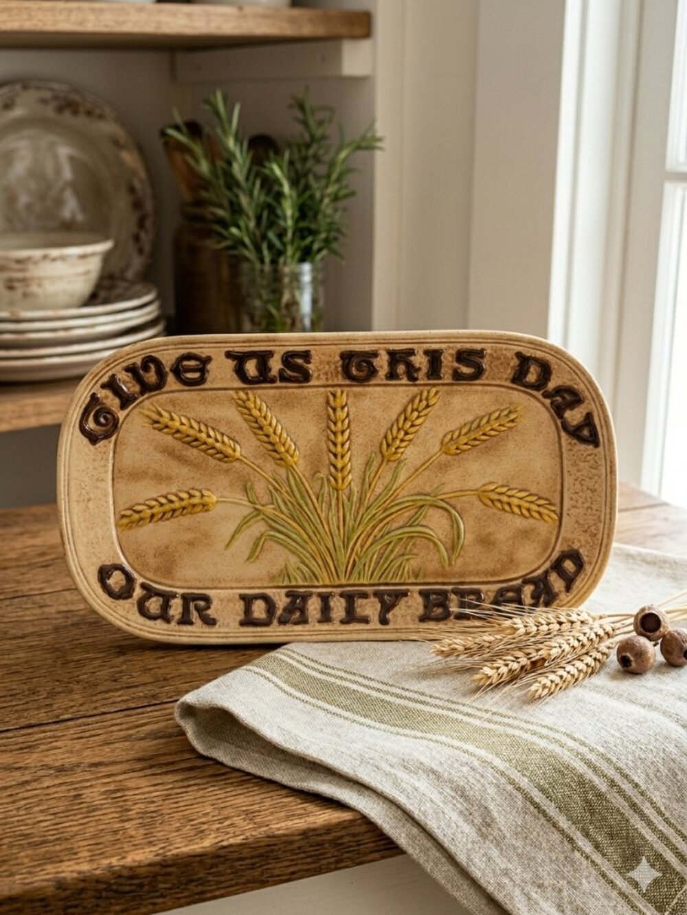 Vintage 1982 Handmade Ceramic Wall Plaque Give Us This Day Our Daily Bread Wheat
